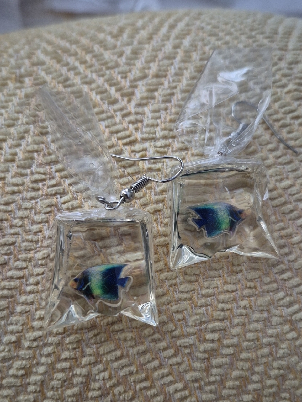 New Blue-Green Fish Clear Bag Drop Earrings - Womens Jewelry